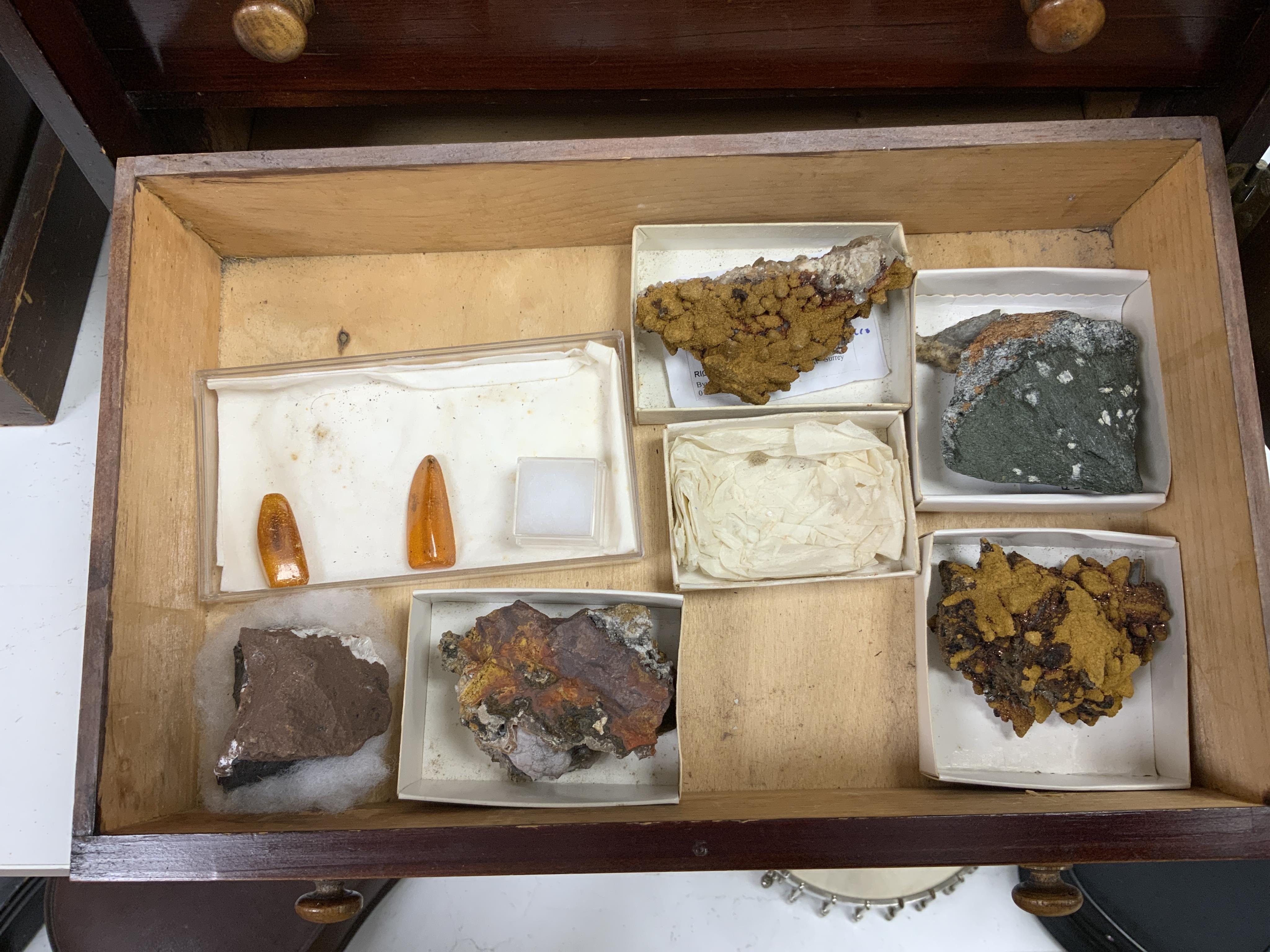 An early twentieth century six drawer pine collector’s cabinet of mineral and crystal samples including; Amber and insects in amber, Baryteson Calcite, Aplite, Nodular Rhyolite, Desert Roses, etc. many specimens with lab